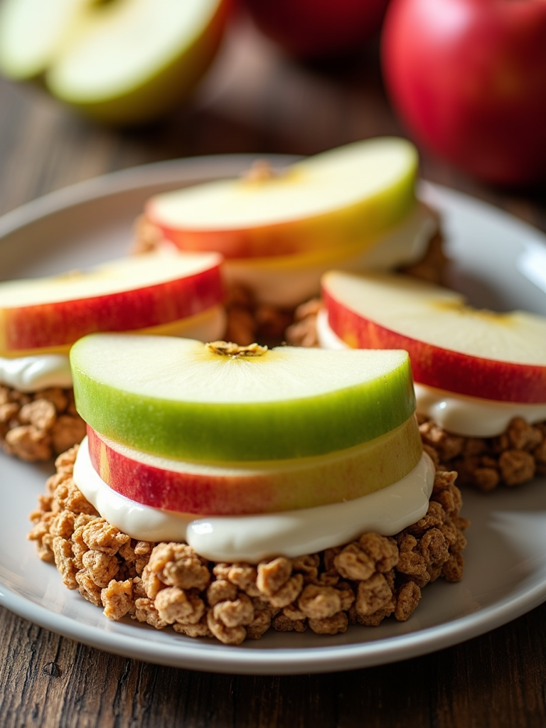 Prepare apple slice 'sandwiches' with a layer of yogurt between two slices, then dip the edges in granola to add a textural element, creating a grab-and-go option.