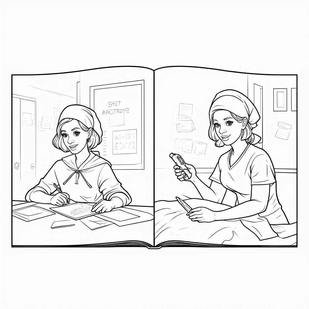 A split-page design: one side shows a teacher grading papers with a cape, the other side shows a nurse checking a thermometer, also caped.