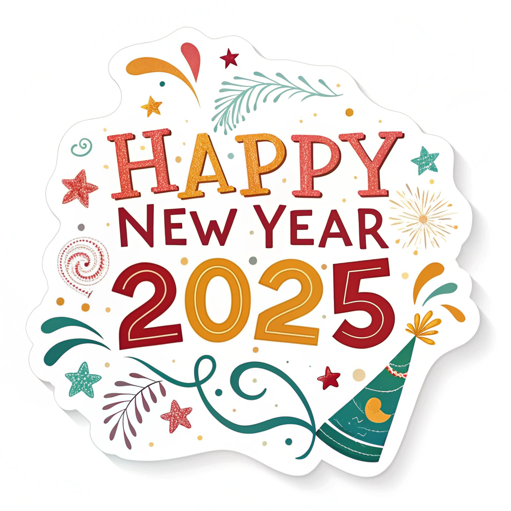 The image shows a poster with the words Happy New Year 2025 written in bold, colorful letters, surrounded by a festive design of colorful balloons, confetti, and streamers, creating a cheerful atmosphere to celebrate the start of a new year.