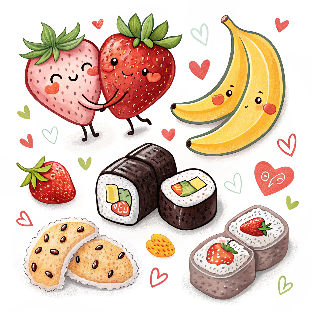 A collection of stickers showcasing couples made of food, such as two strawberries holding hands, or a pair of sushi rolls sharing a kiss, depicted with endearing facial expressions.