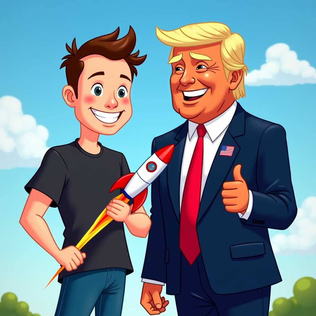 Cartoon version of Elon Musk, holding a small rocket model, standing next to Donald Trump, who is giving a thumbs-up in a suit with the American flag pin.