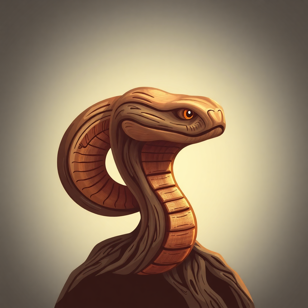 The image is a digital illustration of a cobra's head. The cobra is facing towards the right side of the image, with its head turned slightly to the left. The head is elongated and has a pointed snout. The body of the snake is made up of a series of curved lines, creating a textured pattern. The snake's eyes are a deep orange color, and its mouth is slightly open, as if it is about to strike. The background is a light grey color, making the cobra stand out. The overall style of the illustration is cartoon-like, with bold lines and bright colors.