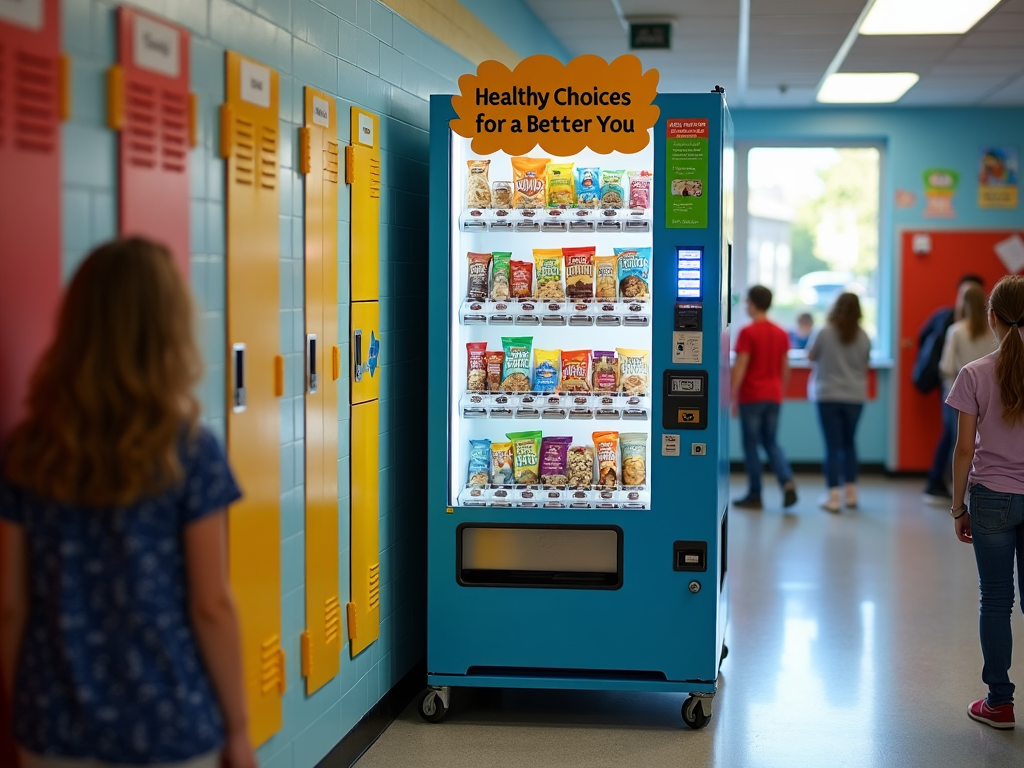 A vending machine in a school hallway filled with nutritious snacks, sporting a sign that reads 'Healthy Choices for a Better You' aimed at encouraging young students.