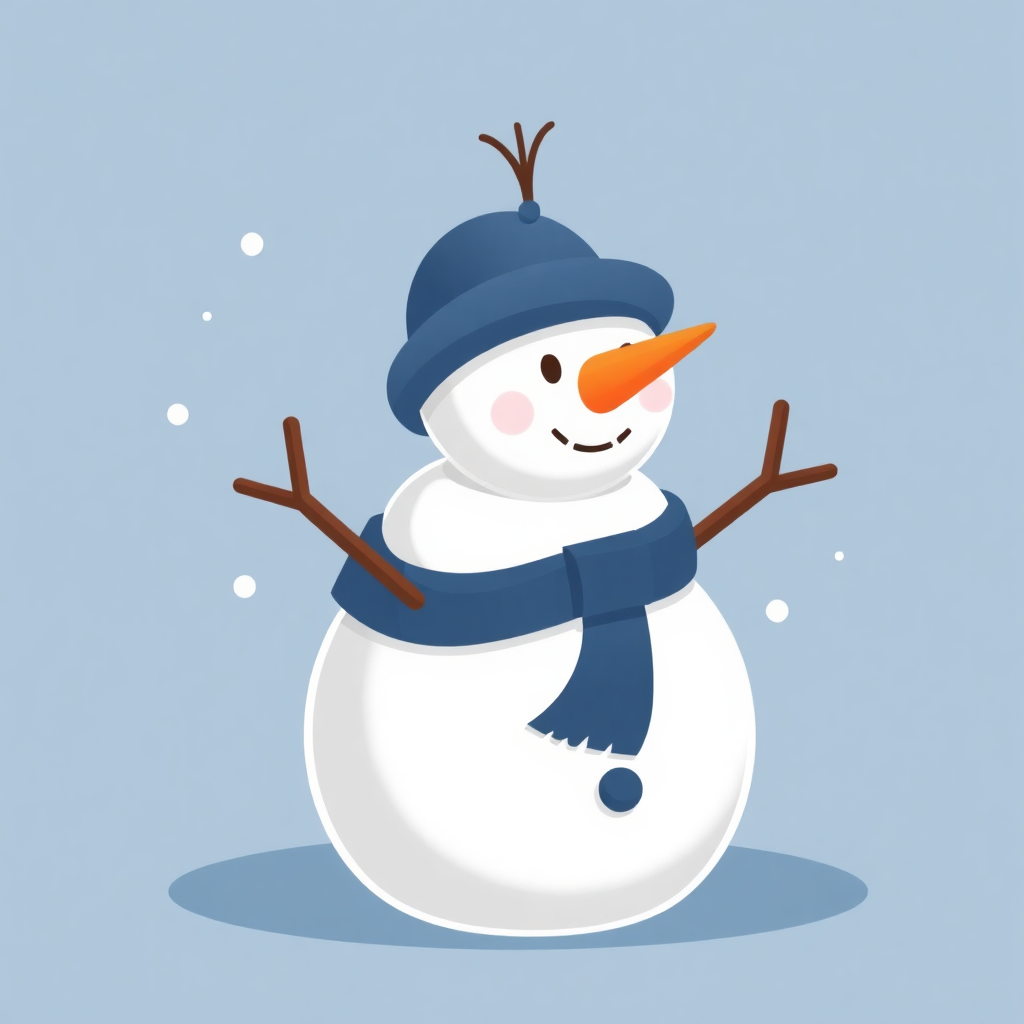 The image shows a cartoon snowman wearing a blue hat and scarf, with a carrot nose and two sticks sticking out of its mouth. The background is a light blue color with white dots scattered throughout.