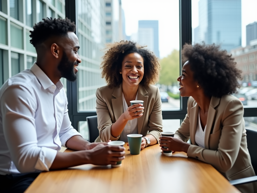 Colleagues in a relaxed setting during a coffee break, discussing innovative solutions to enhance productivity, against a backdrop of city views.