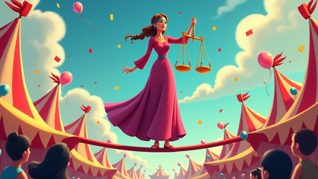 A cartoon picture where Lady Justice holds her scales like a balancing act from a circus, with a playful background of carnival tents alluding to the theatrics often found in legal processes.