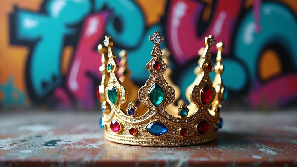 An image capturing a blingy crown atop a graffiti-splashed wall, merging classic regal imagery with urban culture.