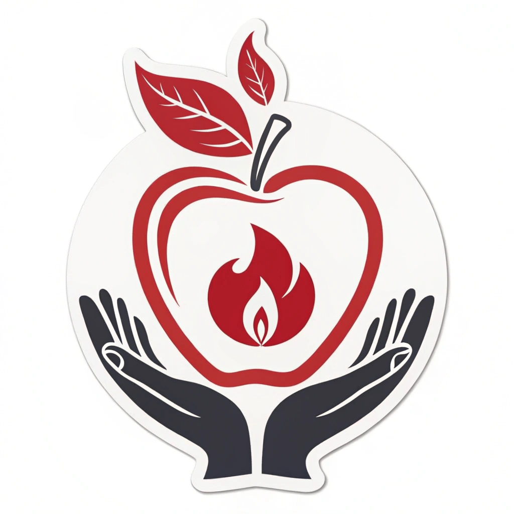 A minimalist icon design: a stylized apple (classic teacher symbol) with a small, energetic flame or spark within its core (passion), resting securely upon a subtle arc, open hands silhouette, or a foundational line below it (support).
