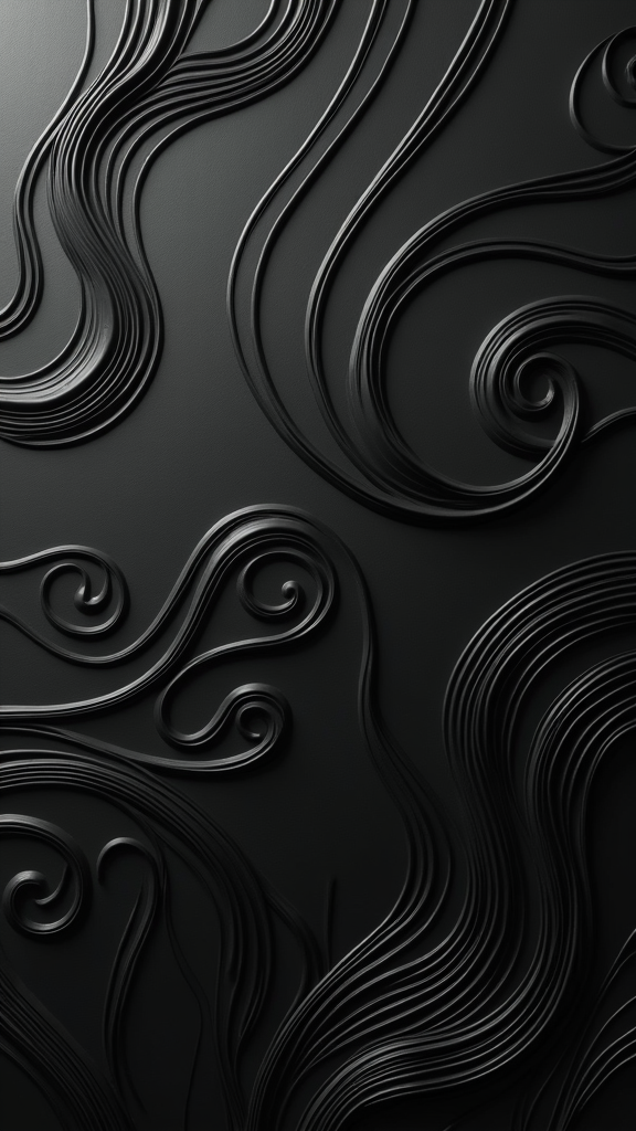 The image shows a black background with wavy lines, creating a mesmerizing effect. The black color is a deep, rich hue that stands out against the white background, making it the focal point of the image. The lines are intricate and detailed, giving the image a unique and captivating look.