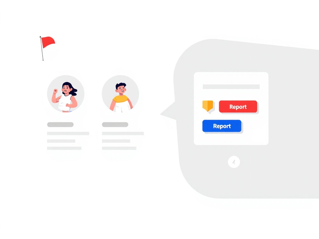 An illustration depicting a prominent 'Report' button being activated on a social media interface, causing negative content targeting a child to fade or be flagged.