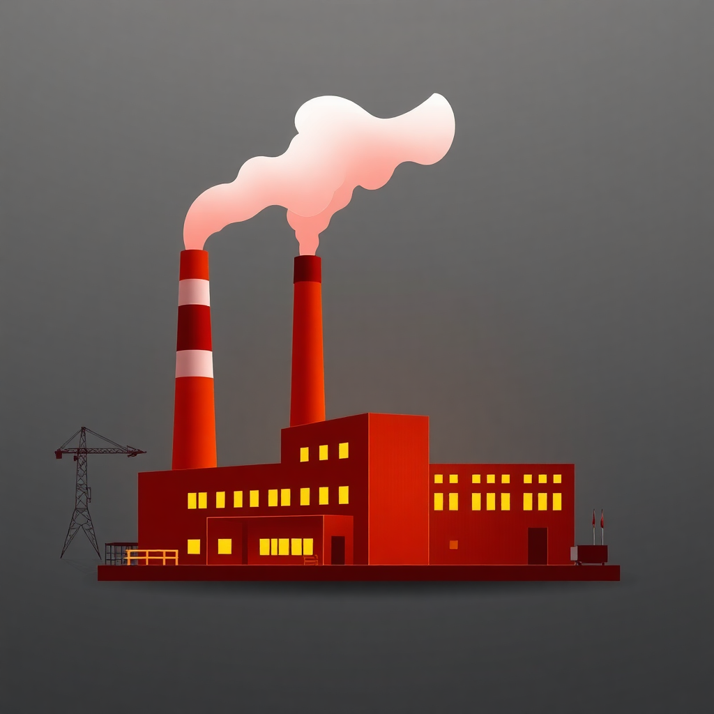 The image is an illustration of a factory with two tall red chimneys emitting white smoke. The chimneys are tall and cylindrical, with a pointed top and a flat bottom. The smoke is billowing out of one of the chimneys, creating a cloud-like shape. The factory itself is red in color and has multiple windows and doors. There is a crane on the left side of the image, which appears to be a power line tower. The background is a plain grey color. The overall style of the illustration is flat and minimalistic.