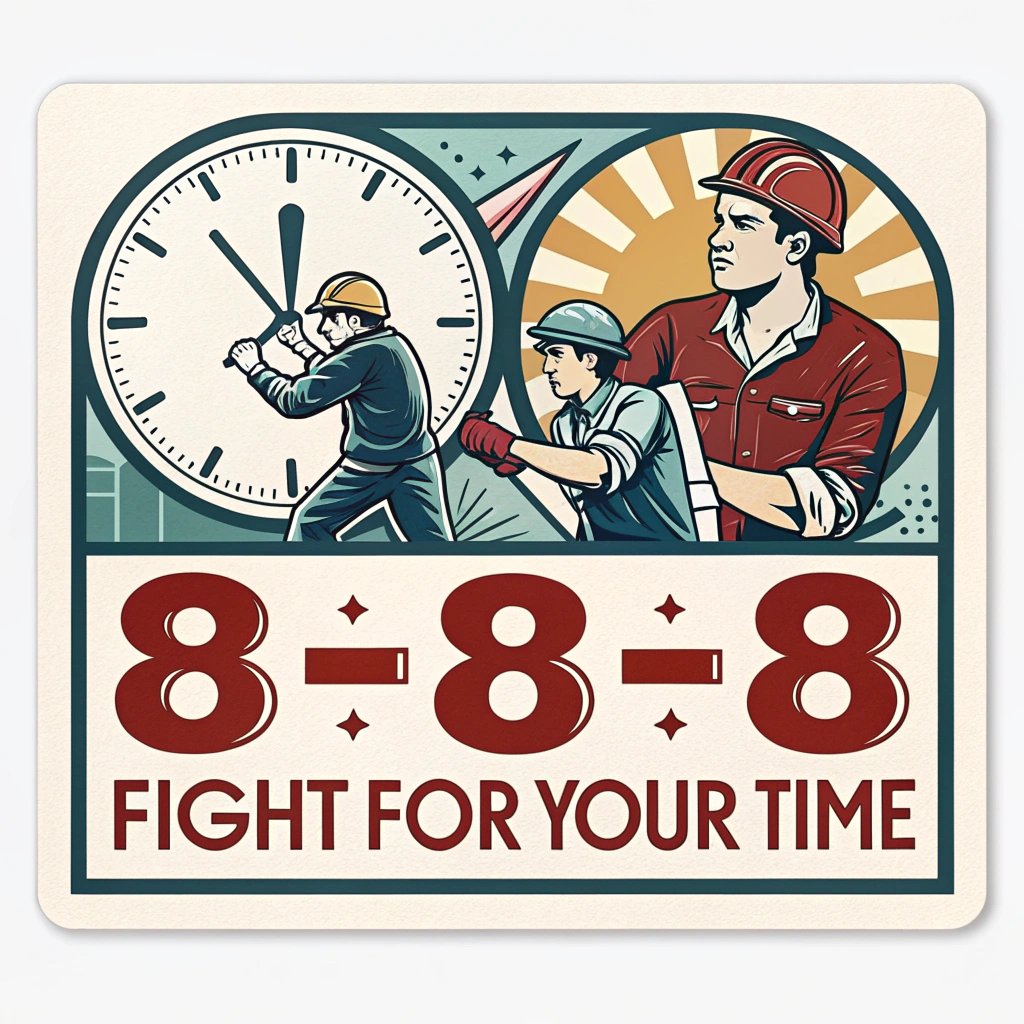 Design 5: A graphic representation of the 8-hour day demand (8 hours work, 8 hours rest, 8 hours what we will). Use clock imagery mixed with worker symbols in a retro propaganda poster style. Text: '8-8-8 - Fight for Your Time'.