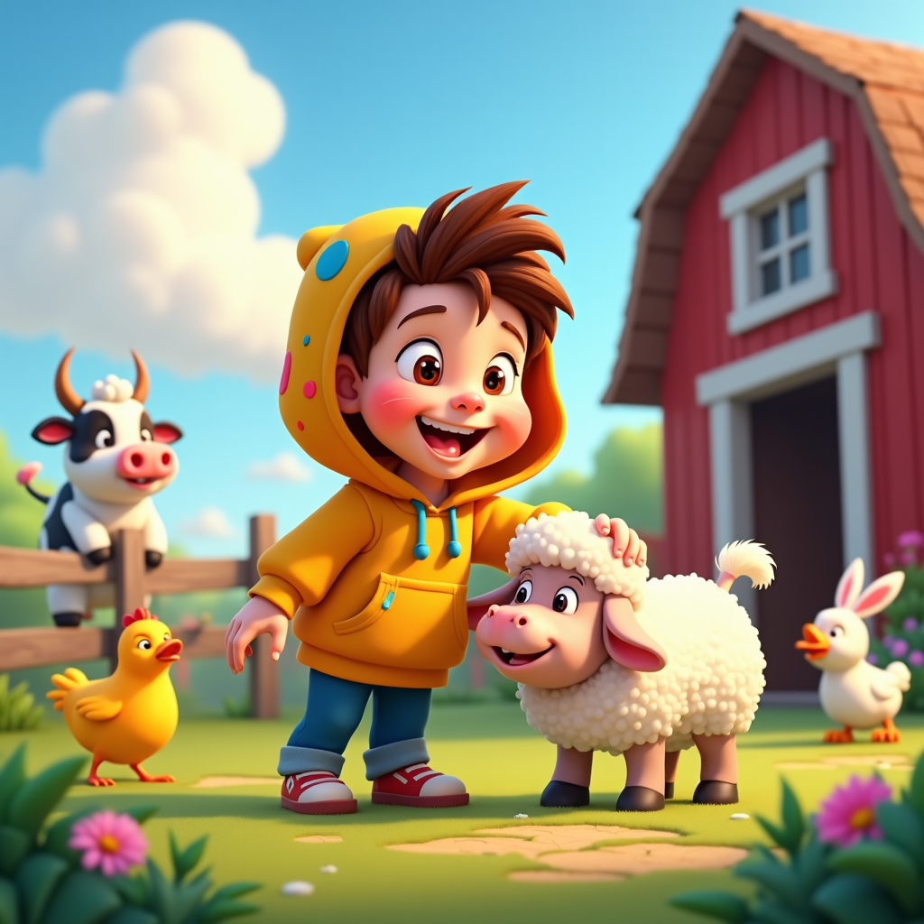 Bright hoodie with a cartoon farm setting, complete with playful animals and a red barn.