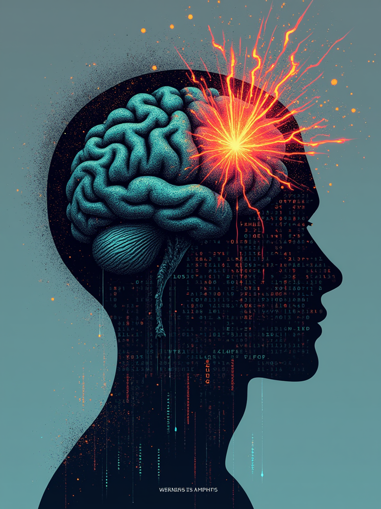 Binary Brain Burst: A stylized human brain silhouette, one half depicted with organic textures and the other with glowing binary code or circuit patterns, from which abstract art 'bursts' out. The warning is integrated as a caption.