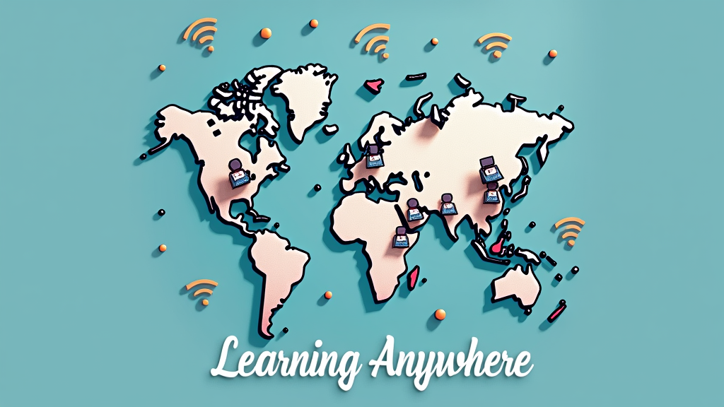 A world map or globe graphic with Wi-Fi symbols emanating from various points, connecting to small icons representing students or learning devices. The text 'Learning Anywhere' could follow the curvature of the globe or be placed strategically.