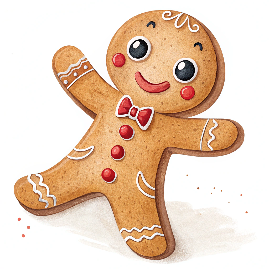 The image shows a watercolor painting of a gingerbread man with a bow tie, painted in brown, red and white colors against a white background.