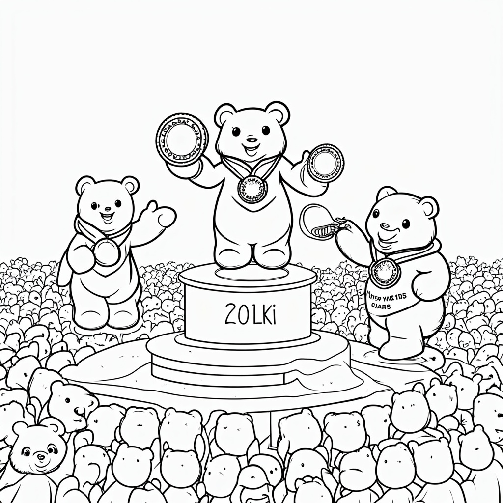 Sweet Victory Podium Celebration: Three gummy bears (perhaps with different colored sashes or bibs) stand on a tiered podium constructed from stacked cookies or chocolate wafers. They are receiving medals (shaped like bottle caps or shiny fruit loops) from a 'Gummy Mayor' figure. A crowd of cheering gummy bears surrounds them.