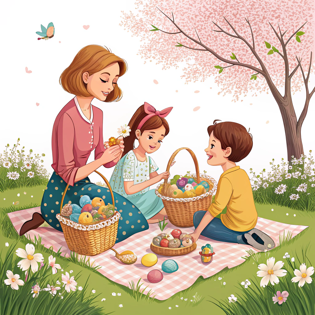 A sticker with a family enjoying a picnic outdoors on Easter Monday, highlighting the tradition of spending time with loved ones.