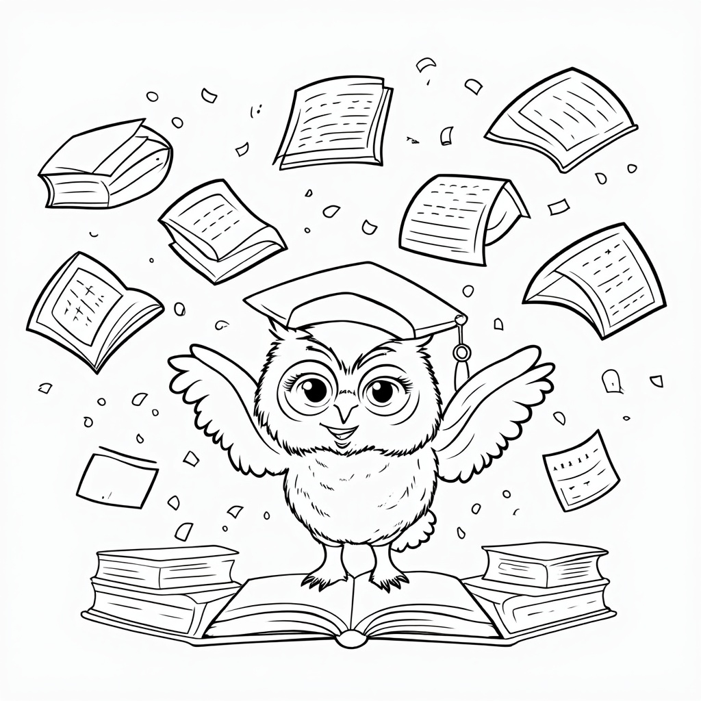 Owl's Joyful Graduation: An owl joyfully tossing its graduation cap in the air amidst swirling pages from books and celebratory confetti, symbolizing the culmination of learning.