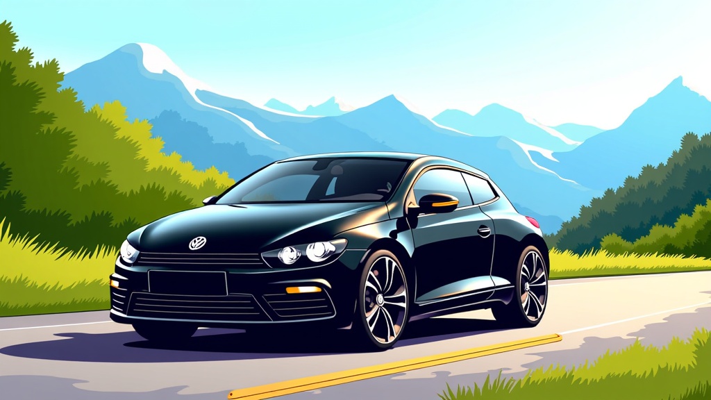 The image is a digital illustration of a black Volkswagen Beetle car driving on a winding road with mountains in the background. The car is in the center of the image, with the mountains on either side of the road. The sky is blue and the mountains are covered in green trees and shrubs. The road is a two-lane road with yellow lines marking the lanes. The Volkswagen logo is prominently displayed on the front of the car. The overall color scheme of the illustration is bright and vibrant, with shades of green, blue, and yellow.