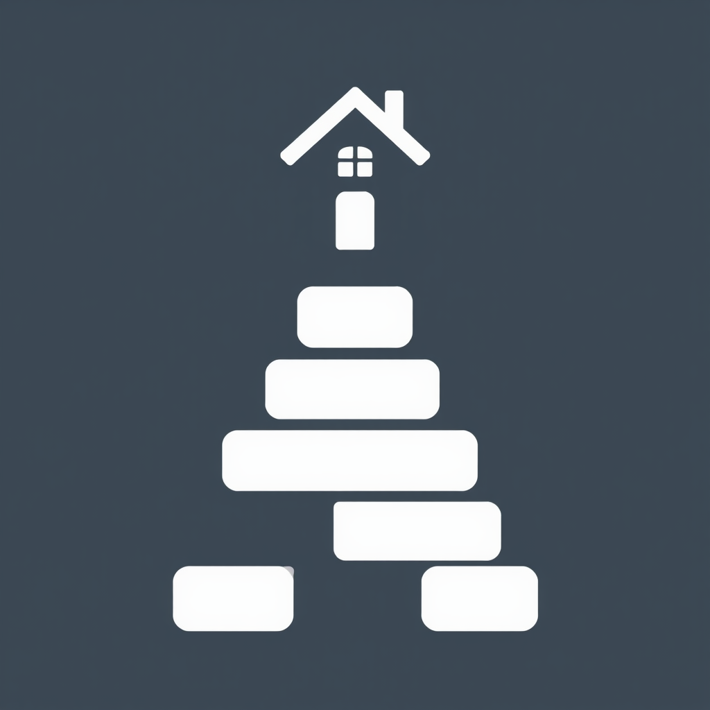 A series of abstract, ascending blocks or steps symbolizing a solid foundation being built, leading up to a welcoming, simple house icon at the peak, representing upward mobility achieved through housing.
