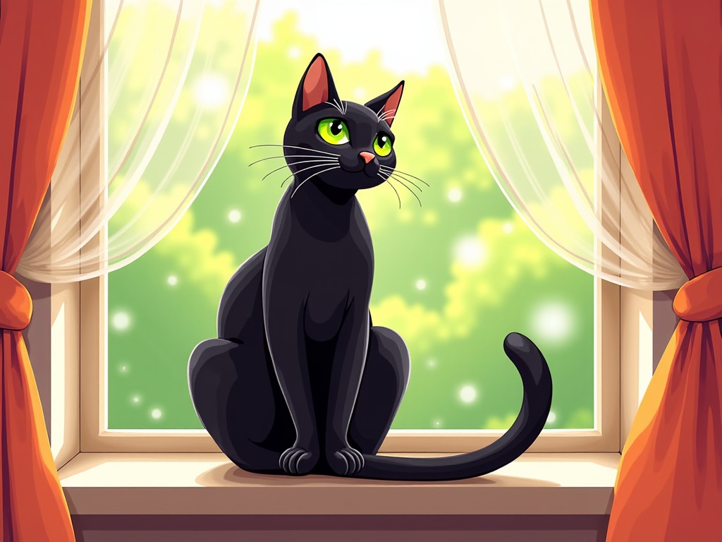 The image is a digital illustration of a black cat sitting on a window sill. The cat is facing towards the right side of the image and is looking out the window with a curious expression. The window is covered with orange curtains and there is a view of greenery outside the window. The background is blurred, but it appears to be a garden or a park with trees and flowers. The overall color scheme of the illustration is bright and cheerful.