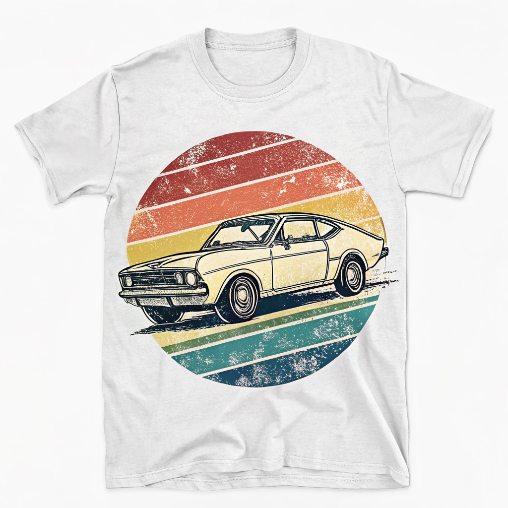 The image is of a white t-shirt with a graphic design on the front. The design features a vintage car, specifically a Ford Mustang, in the center of the circle. The car is yellow with a black stripe running along the side and has a black grille and headlights. The background is a gradient of orange, red, and yellow, with a rainbow-like effect. The circle is surrounded by a blue and green striped pattern. The overall style of the design is retro and vintage.