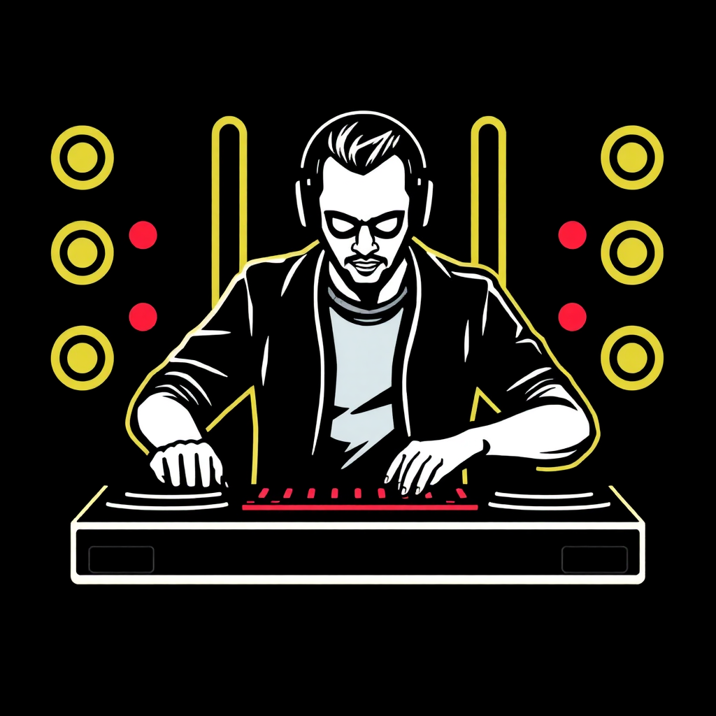 The image is a graphic illustration of a DJ playing music on a turntable. The DJ is wearing a black jacket and has a pair of headphones on his head. He is sitting in front of a black background with yellow and red circles scattered around him. His hands are on the turntables and he appears to be focused on the music he is playing. The image has a retro and vintage feel to it.