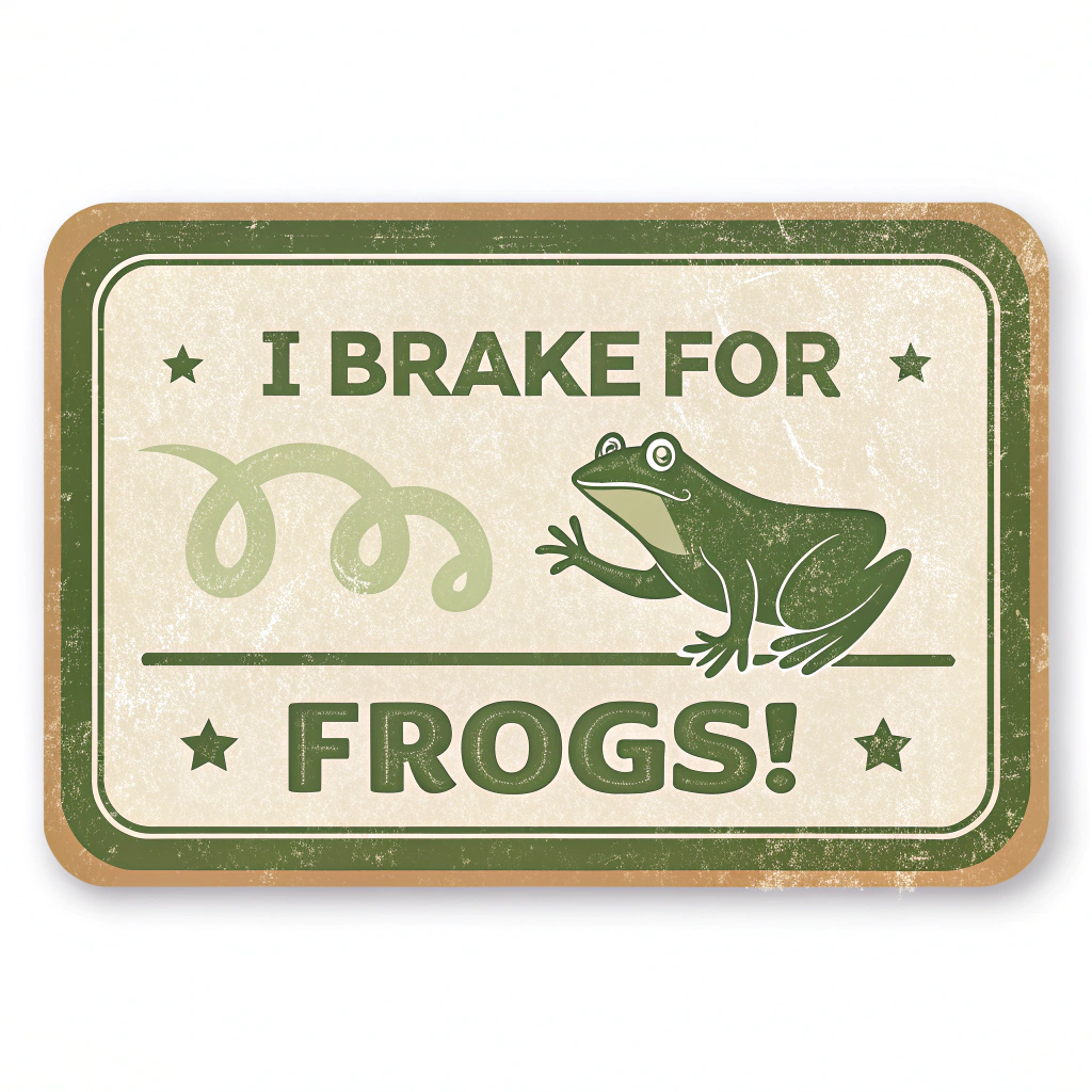 Retro-style bumper sticker using faded greens and possibly a brown/tan border. Use a slightly quirky, rounded font from the 70s for 'I Brake For Frogs!'. Add a simple, friendly-looking frog illustration sitting on one of the words.