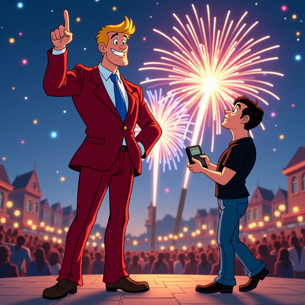 An animated scene showing Donald Trump directing a colorful fireworks show, while Elon Musk operates a remote for explosive rocket launches above.