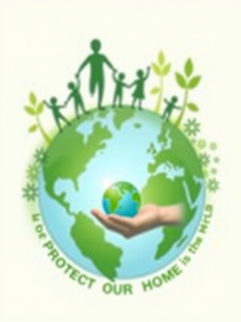A concept focusing on future generations: silhouettes of children playing on a clean, healthy globe, or an adult hand passing a small, green Earth to a child's hand, with the slogan 'Protect Our Home' symbolizing a promise.