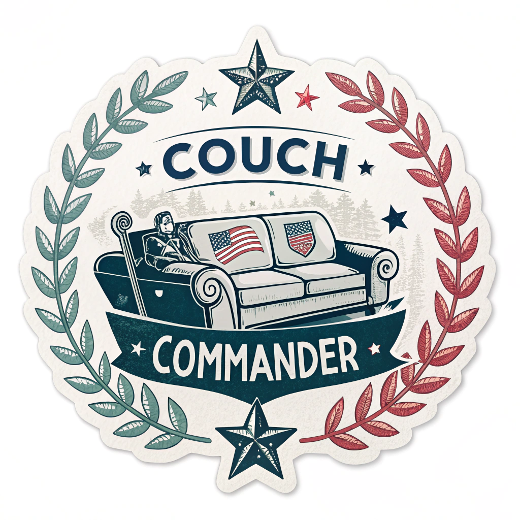 Illustrate a sticker of a stylized military badge with the words 'Couch Commander' inscribed, using a couch icon as a central element.