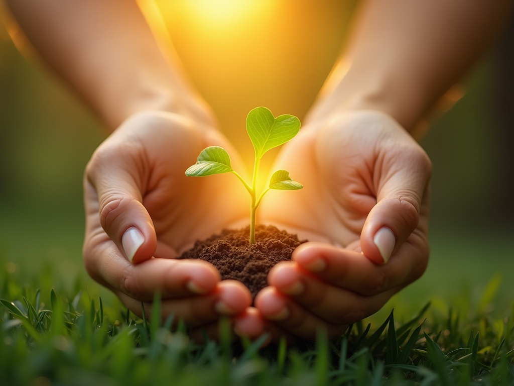 A pair of hands tenderly holding a small, glowing seedling with heart-shaped leaves, symbolizing the gentle act of initiating kindness.