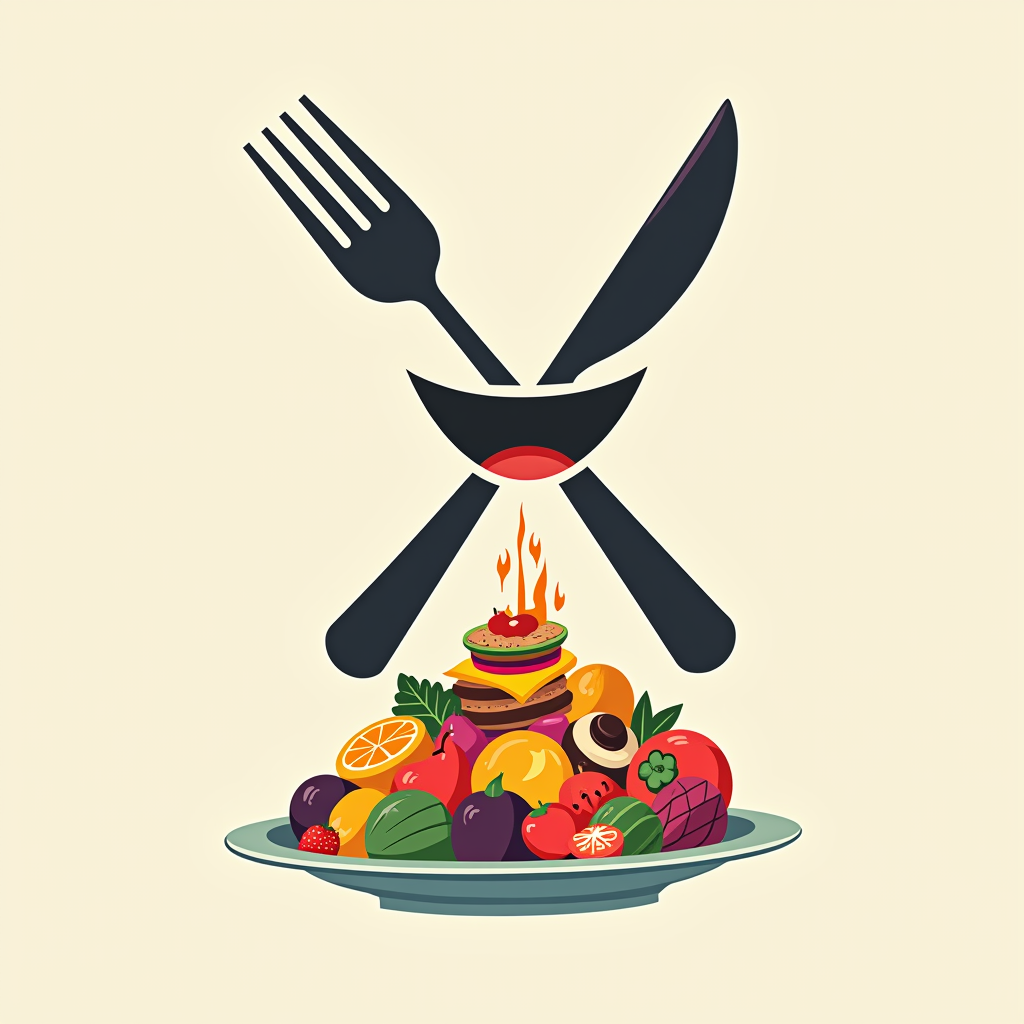 A simple icon depicting a fork and knife crossed over a cheering, open mouth, or a stylized plate piled high with various food shapes, signifying 'Feast Mode' for International No Diet Day.