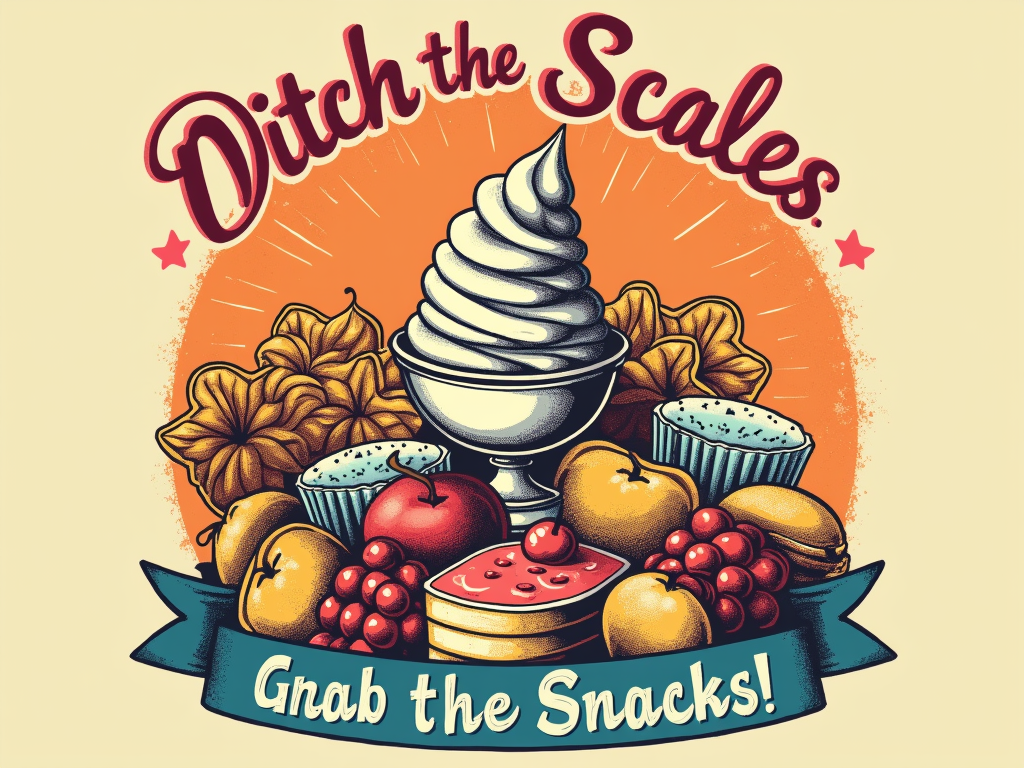 A retro-inspired design featuring a large, colorful graphic of a variety of 'forbidden' snacks (ice cream, cake, chips) forming a joyful pile. The slogan 'Ditch the Scales, Grab the Snacks!' could be in a vintage script, perhaps with 'International No Diet Day' as a smaller banner.