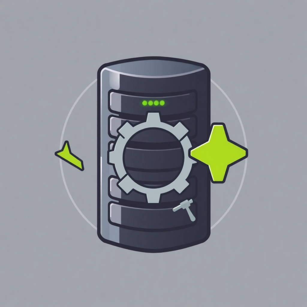 The image is an illustration of a server with a gear on top of it. The server is black in color and has a cylindrical shape with a flat top. The gear is silver and appears to be made of metal. There are two green stars on either side of the gear, one on top and one on the bottom. The background is a light grey color. The overall design is simple and cartoon-like.