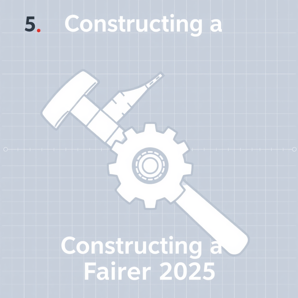 Sub-design 5: A blueprint-inspired design with clean line art for the hammer and gear, possibly on a subtle grid background. 'Constructing a Fairer 2025' is styled as an annotation or title block.