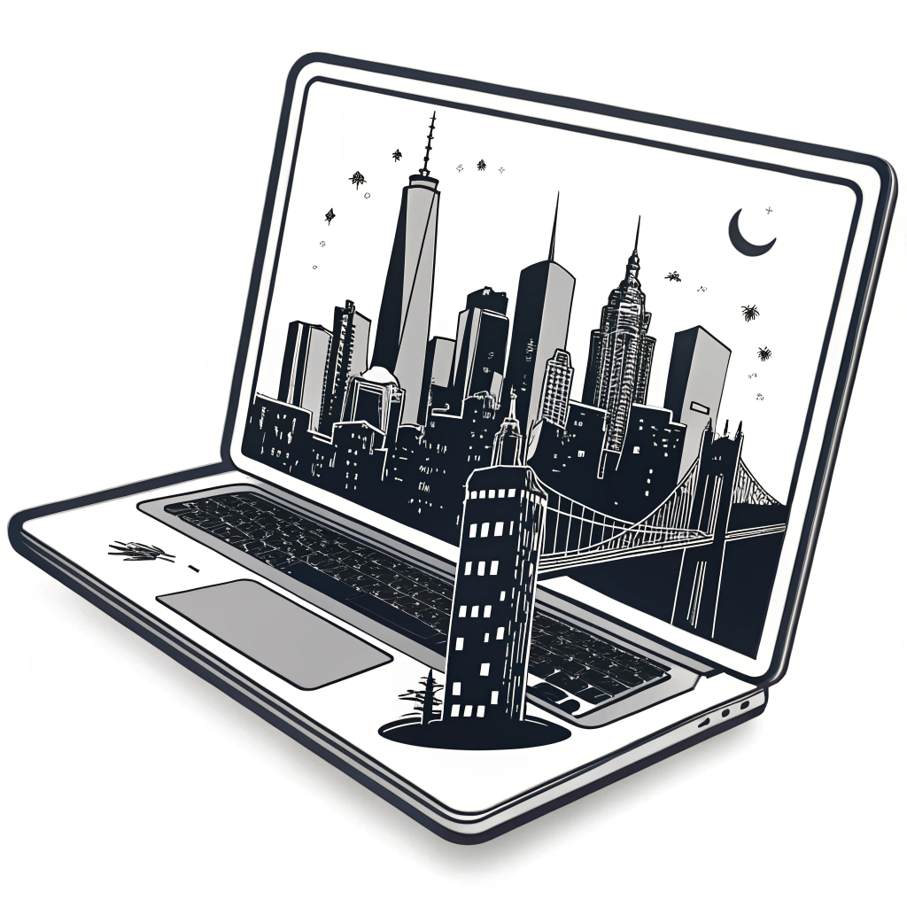 A cityscape silhouette inside a laptop screen, symbolizing connecting to work from home.