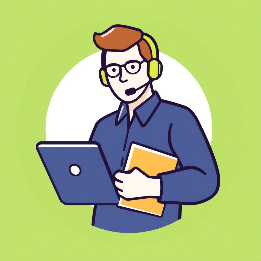 The image is an illustration of a man wearing a blue shirt and a headset with a microphone. He is holding a laptop in one hand and a folder in the other. The man appears to be a call center operator or a customer service representative. He has a serious expression on his face and is looking at the laptop screen. The background is a light green color with a white circle in the center. The overall style of the illustration is flat and cartoon-like.