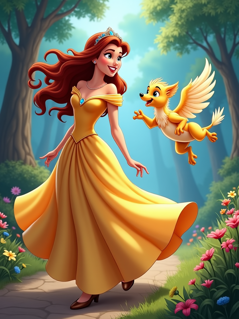 A princess with a dynamic pose, perhaps with her dress billowing in the wind, her pet a small creature that is also in motion, like a baby griffin taking flight.