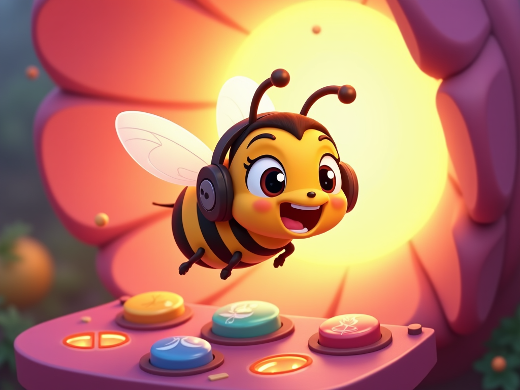 A cartoon bee aiming for a high score in a petal-based arcade game, its eyes wide with excitement and determination.