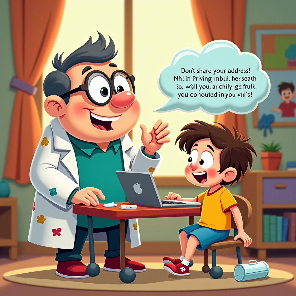 Interactive Guide Character: A friendly, knowledgeable cartoon character (e.g., 'Professor Bubble' or a cool older sibling type) guides a younger child character through setting up their social media. Each piece of advice (e.g., 'Don't share your address!') inflates the child's Privacy Bubble a bit more, making it stronger and more opaque to outsiders.