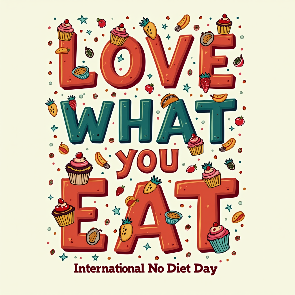 Foodie Fiesta Typography: The phrase 'Love What You Eat' in a bold, celebratory font, with various small, joyful food illustrations (cupcakes, pizza slices, fruits, tacos) playfully arranged around and within the letters. 'International No Diet Day' is a smaller subtitle.