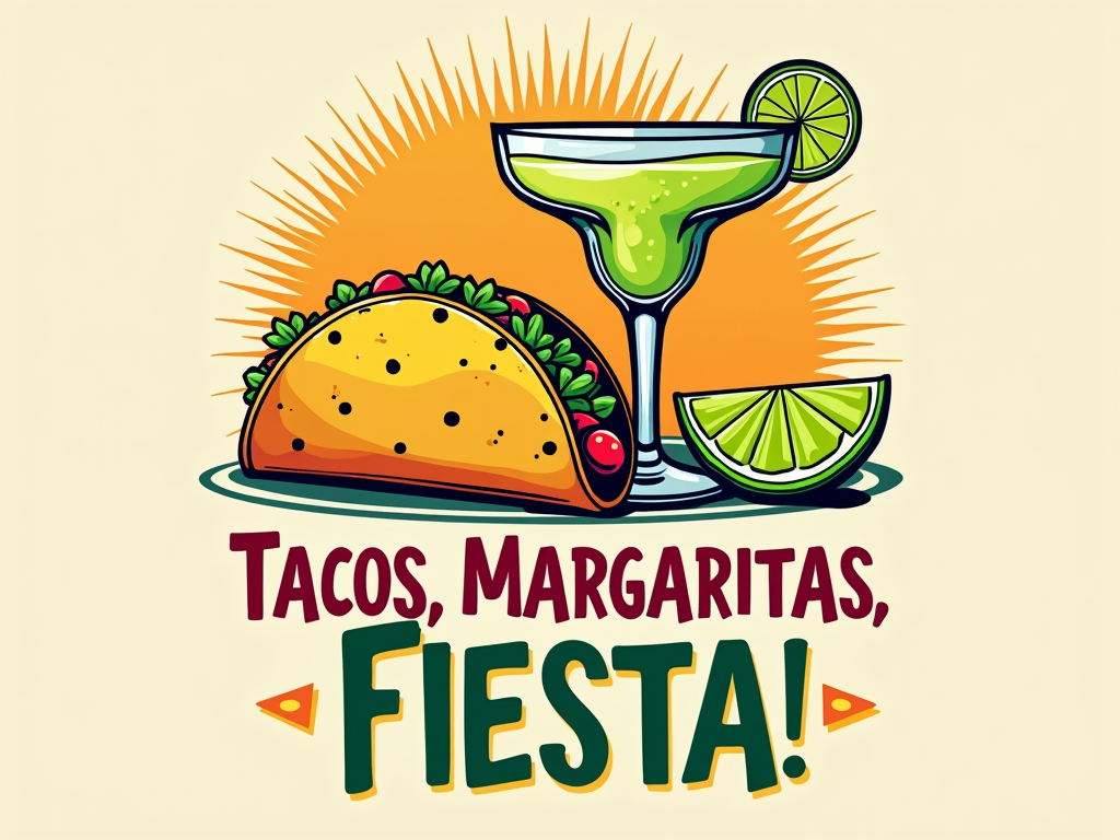 T-Shirt Design Idea 1: 'The Holy Trinity of Cinco'. A graphic depicting a taco, a margarita, and a lime wedge arranged artistically, perhaps with a sunburst or halo effect. Text below could read: 'Tacos, Margaritas, Fiesta!' or 'Cinco's Holy Trinity'.