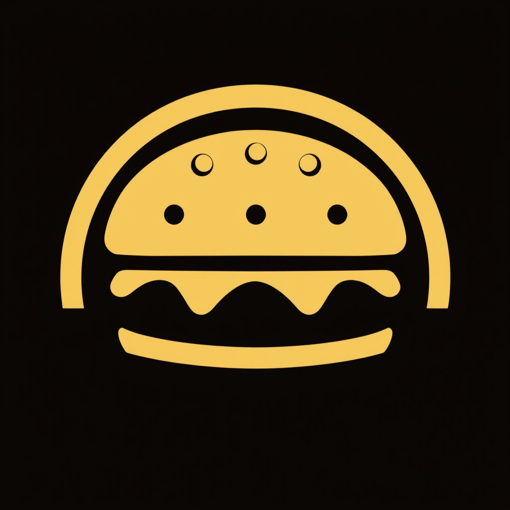 A single, prominent graphic element representing the iconic shape of a hamburger. This could be a circle with a line for the patty, placed between two semi circles.