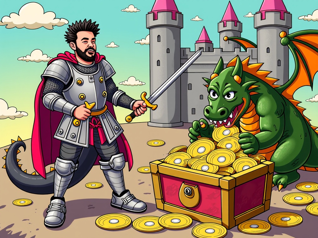 Post Malone as a medieval cartoon knight, complete with Crocs armor, battling a dragon guarding a treasure chest full of gold records, set against a castle with turrets shaped like microphones.