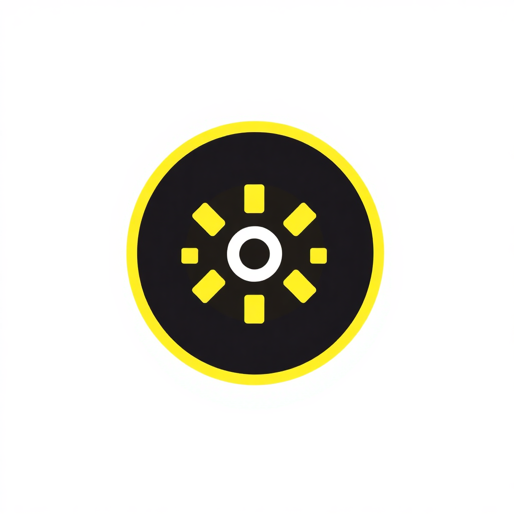 The image is a circular icon with a black background and a yellow border. In the center of the circle, there is a white circle with six small yellow dots arranged in a circular pattern. The dots are evenly spaced and appear to be evenly spaced. The overall design is simple and minimalistic.