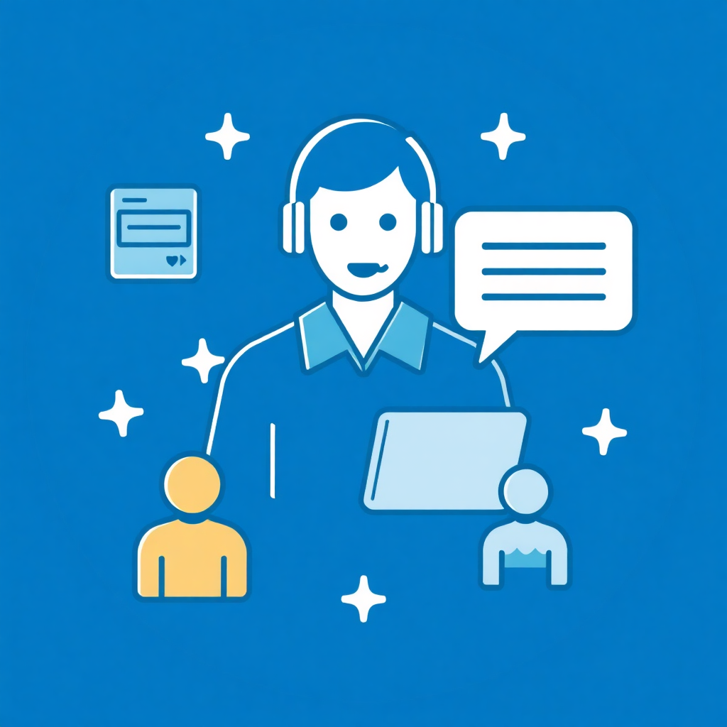 The image is a blue square with white icons scattered around it. In the center of the square, there is a white line drawing of a person wearing a headset and holding a laptop. The person appears to be a call center operator or a customer service representative. On the left side of the image, there are two smaller icons - one is a credit card and the other is a person with a speech bubble. The background is a light blue color with small white stars scattered around.