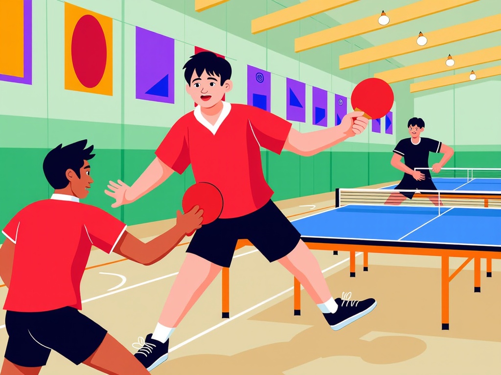  two young men playing table tennis in a gymnasium. The man in the foreground is wearing a red shirt and black shorts and is holding a red ping pong paddle. He is in the middle of a game, with the other man on the right side of the image. The table tennis table is blue and there are colorful flags hanging on the walls in the background. The floor is made of concrete and there is a basketball hoop in the center of the room. The men are engaged in a physical activity, with one of them holding the paddle and the other throwing it towards the ball.