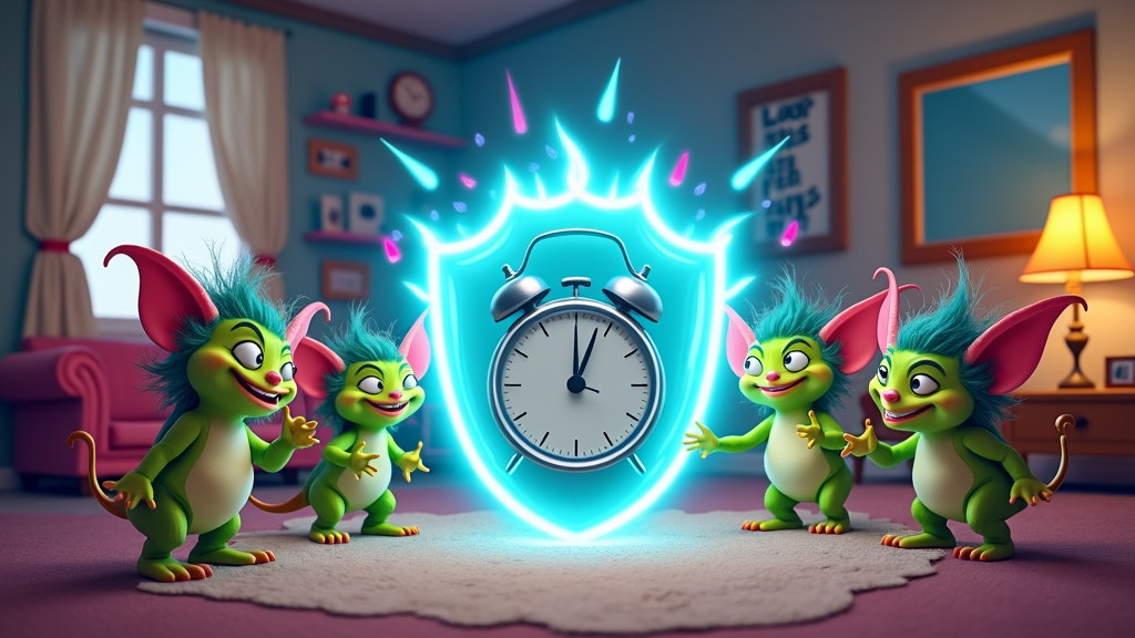 Visual Metaphor: Social media apps portrayed as mischievous gremlins or imps that try to lure kids into spending more time, but are zapped away by a 'Parental Control Shield' when the timer hits zero.